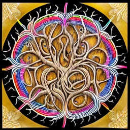 the Tree of life in a tribal, carved circle, muted rainbow colors, twisted branches, centered, elaborate, intricate, stunning, awe-inspiring, ultra-fine detail, 8k, sharp, crisp, high-quality, 3d, detailed matte, brian froud, howard lyon, selina french, anna dittmann, lisa parker, greg rutowski, alphonse mucha