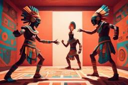 two arafed persons arguing in ritual combat stance, afrofuturism, arafed angularity, aztec vibe, patchwork vibe, side view, aztec room with extreme body action, sharp color contrasts, amazing shadows, exaggerated limbs and heads, minimal cozy, warm palette, bright bold warm summer colors, ritual scene, futuristic tribal style, Aztec influence, sculptural helmets, spiked headdress, geometric borders, patterned red rug over dark wooden floor, tribal ceramic vases with potted plants