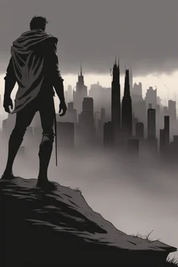 man, standing, silhouette, comic book,post-apocalypse, gray background,