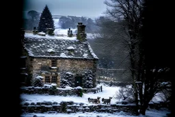 Vintage image of Snow falling heavily in the Cotswald area of England. A stone cottage with smoke coming out of the chimney. Surrounded by stone fences. In the background a startled group of deer look this way. A thick forest behind them.