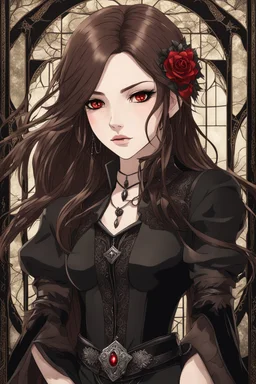 A confident looking young woman with pale skin and long brown hair in a dark fantasy setting with intricate details. She is wearing black and read leather, has red eyes, an air of malevolent power surrounds her. Anime style. High definition.