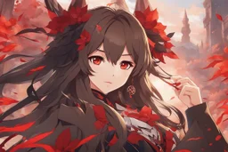 woman with long brown hair and red eyes from Genshin Impact, intricate background, intricate face, pyro archon, anime style, dynamic composition