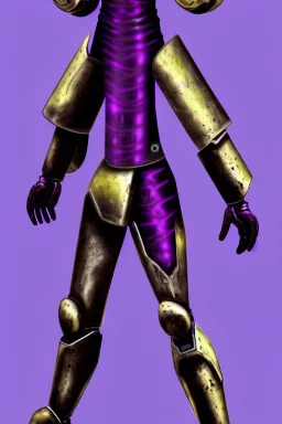 One Genderless Cyborg made of old rusted metal, has a human like face with a really long violet ponytail, they wear armor that is similar to Megaman. The color palatte of the armour is deep purple and yellow. They have Turquoise colured eyes. The Background is dark grey.