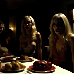 Horror movie shot, spooky, hot, ultra realistic, dine, they enjoy and get excited, ultra realistic hot blonde women, party, pieces of meat, organs, ail, dynamic, very excited people, hypermaximalist figures, light, 1970's Italian horror movie, sinister,, Dario Argento, Stanley Kubrik, ornate, 4k, photorealism