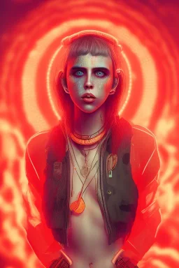 danish singer mø face, cyberpunk,orange tones, style free