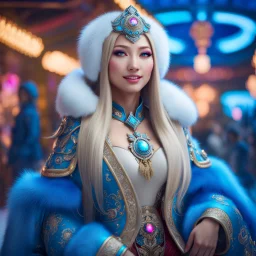 (masterpiece, best quality, 8k, RAW photo, beautiful and aesthetic:1.2), complex detail, Indirect light, photorealistic, (((full body))), 2 Gorgeous Cosmic russian asian goddess smiling, long curved blonde hair, blue eyes, Mixed, sci-fi and traditional russian outfit with white furs and chapka, colorfull Sci-Fi environment