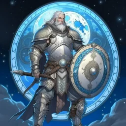 Please create an image for a 30-year old aasimar male with silver hair and a short, square beard and blue eyes. He is standing outside in the moonlight wearing plate armor and wielding a shield and a large hammer. His equipment is adorned in multiple places with crescent moons and stars