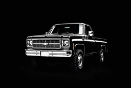 1970s Chevrolet square body truck facing a little to the left, black background, high contrast black and white vector