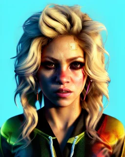 portrait, Shakira, blonde artist, angry, Realistic image, MMA robe, hoodie, mouthguard, nose, band aid, loose long hair, eyes make up, line gold make up, glow, circle iris. Rain, fog, Neon colors, leds. Dark background, photo studio, neon lights. concept art, smooth, unreal engine 5, god lights, ray tracing, RTX, lumen lighting, ultra detail, volumetric lighting, 3d, finely drawn, high definition, 4k.