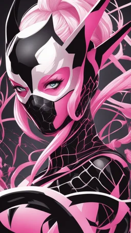 A close picture to Mix between gwenpool and symbiote, symbiote venom in background, pink and black custom, intricate details, highly detailedin in solo leveling shadow art style