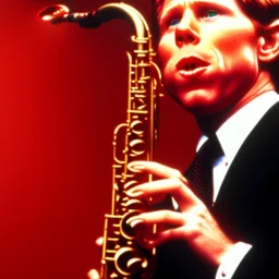 Closed REd-haired Ron howard Is richie from happy days playing his saxophone with his "eyes closed", rock band, embouchure, joanie cunningham