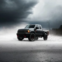 hyperrealistic shot, speeding 4x4 black truck, monotone color palette, sharp focus, puddle reflec1tion, tire mud splashes, refraction, huge boulders backdrop, mist on the horizon, thunder and lightning, overcast shadow, detailed and intricate, cinematic composition, 8k, micro, tilt shift photography, bokeh