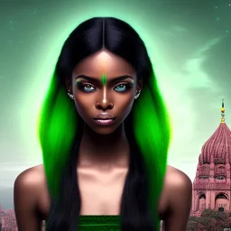 fantasy setting, woman, peau sombre, indienne, cheveux noirs avec une mèche verte