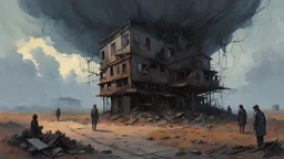 Randomly Ascending people, abandoned town, estranged eerie people, weird unsettling art, brooding and atmospheric, Science fiction painting, Denis Sarazhin, Louis Laurent, Chris Madden, Chris Doretz, ominous sky, Simon Stalenhag, John Harris