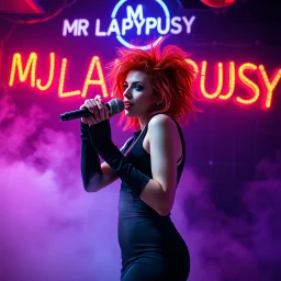 A MJ performing at dance club, her name MJ FLAPYPUSY and looks crazy, crazy red hair with black dress. Neon lights and smog, MJ FLAPYPUSY SIGN ON WALL