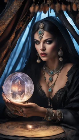 Hyper Realistic photographic-view of Wicked-&-Beautiful-Fortune-teller wearing black-beed-necklace-&-bracelet angrily Looking at her crystal-ball glowing magically & sitting in her tent decorated with fancy-traditional-ornaments-&-feathers showing dramatic & cinematic ambiance"