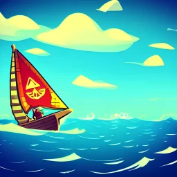 Small wooden ship, with bright sails, Legend Of Zelda: Wind Waker style, on a vast ocean, stylized, colorful, adventurous, full view.