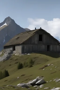 a large mountain, and on its top there is a small, ruined wooden house. Full profile view