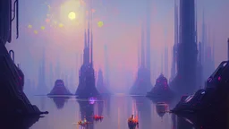 Space fururistic city, lake, planet, Sci-fi, concept art, Konstantin korovin painting