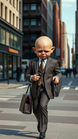 A man with suite carrying a business bag walking in the new York street , his head is an old scary baby doll with eyes removed