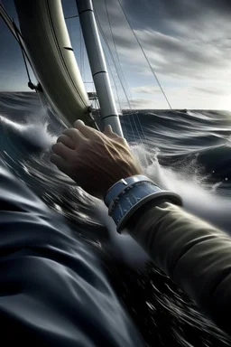 Generate an image of a sleek sailing yacht cutting through the waves, with a sailor wearing a sailing watch in focus. The watch should be clearly visible, showcasing its design and durability in an active sailing environment.