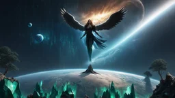 matrix universe, space, planets, god creation, angels from other dimensions with beautiful wings, trees on the planet, behind green crystals of light, few tiberium monolith deposits on the planet near tree,