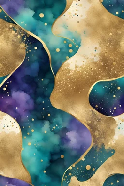 abstract golden glitter, dark royal green, purple and turquoise watercolors with golden outlines