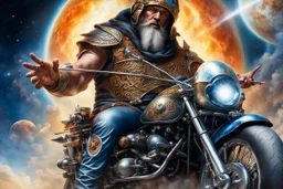 Kebab Man mounted his holy motorcycle, the engine roaring to life with divine power. With a final glance at the celestial realms, he sped down to Earth from heaven, ready to begin his quest.