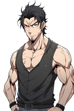 A handsome tall man, muscular, and a little dishevled looking with messy black hair and a stubble, tired, small eyes with large dark circles underneath. He has a black long t-shirt with oversize pants in anime style