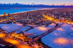 Honolulu Hawaii hotels covered in winter snow and ice at sunset, winter wonderland