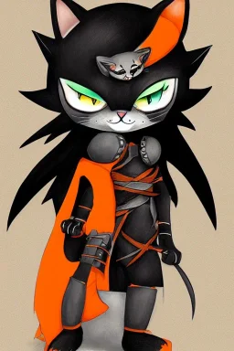 cat 2d, knight, ninja, black fur,full body, orange torn coat,game character, strong, anime, chibi