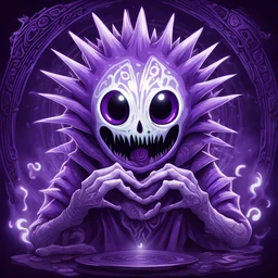 Purple spikey ghost with detatched clawed hands eyes glowing with hypnotic patterns and eating dreams, in card art style