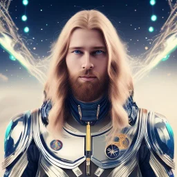 Full body ,Beautiful cosmic man, blue eyes, long blond hair, cosmic suit, galactic backdrop, soft lighting, hyper realistic, unreal engine 5, 16k