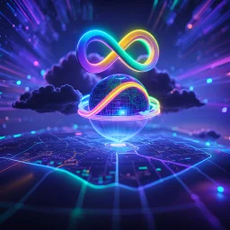 Colourful 3D glowing infinity symbol ∞, hovering above a colourful glowing cloud, network and lights coming from the cloud onto a futuristic map of the globe, inspiring, neon, glowing, friendly, beautiful, octane render, 8k post-production, artstation: award-winning: atmospheric: commanding: fantastical: clarity: 16k: ultra quality: striking: brilliance: liquid medium: stunning colors: amazing depth; lens: f/8, 28mm