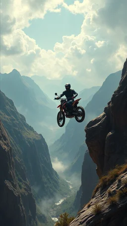 Bosch painting style nightmare in 3D , a man on motorcycle jumping between two mountains peeks background, high Quality picture , 8k