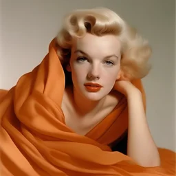 A photograph of marilyn monroe, with childish, with bed hair, no make up, in the style of milton greene, a pale orange silk scarf around her shoulders, white bacground