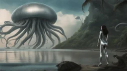 Detailed matte painting of a wide-angle shot of a woman, standing on the right side of an alien beach, with dark hair in a silver robotic catsuit, many large floating jellyfish with octopus tentacles, alien jungle trees in the distance