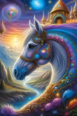 a painting of a horse in a fantasy setting, a detailed painting inspired by Josephine Wall, trending on deviantart, fantasy art, intricate fantasy painting, highly detailed visionary art, beautiful fantasy painting