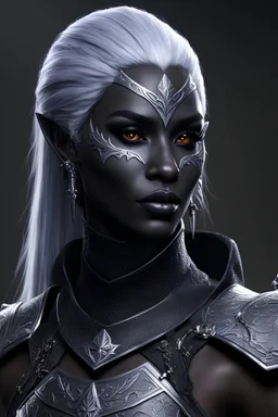 dnd character art of a drow warrior. high resolution cgi, 4k, ears, dark-charcoal-gray skin, unreal engine 6, high detail, cinematic.