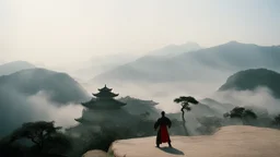 [very impressive high res masterpiece in Kodak Eastman 5247, bokeh scene by Stanley Kubrick] IP Man the shaolin kung fun master on the top of the hill, dust and fog,