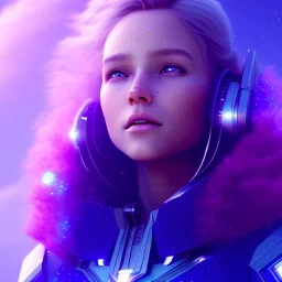 A portrait of a crystalline girl,smiling, longs blond hairs, galactic costume, atmospheric, realistic, cinematic lighting, octane render, purple and blue sky, nebula, stars, planets, spaceship