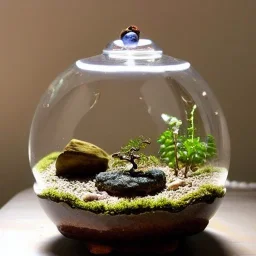 exquisite bonsai terrarium in a glass orb, petrified wood, pebbles, dewdrops, warm lighting, linen backdrop