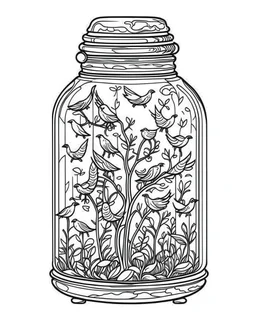 birds on tree life in jar minimalistic, line art, background, vector, svg, coloring book page style, black outline on white background