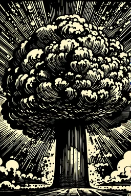 Mushroom cloud, after nuclear bombing woodcut