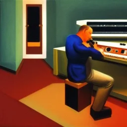 A man in Soviet Russia playing with a synthesizer and a tape machine in the style of Edward Hopper.