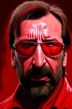 a badass, angry Hans Gruber wearing solid red glasses