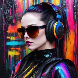 woman, female, pale skin, headphones, scarring, dark straight hair, massive ponytail, bang, implants, sunglasses face mask, huge cervical collar shackle, leather, colorful, saturated colors, vinyl+fabric lacquer wear,sci-fi, mystic, decay, oil, glitch, optical illusion, fractal, intricate, coal, ink, ash, holography, gradients, noise texture, cyber, technological, hyper realistic, high quality, high resolution, 4k, raw, iso 100, photography, fashion, lifestyle, sharp,