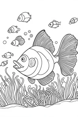 a clownfish dive into the deep sea, clean line art, monochrome, for kids coloring book, white background