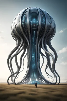gigantic super computer looking like a metal robot squid fantasy futuristic concept art, standing like a gigantic building on a plain field. make its size visibly gigantic. bigger than anything. Tentacles holding a sphere up