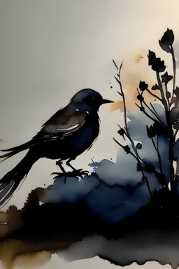 A simple Bird silouette in a dark atmospheric place. Watercolor